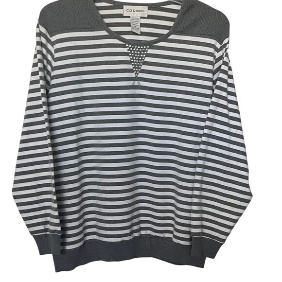 C.D. DANIELS LONG RAGLAN SLV ROUND NECK TOP, WOMENS, 2X, GREY & WHITE STRIPES - Picture 1 of 11